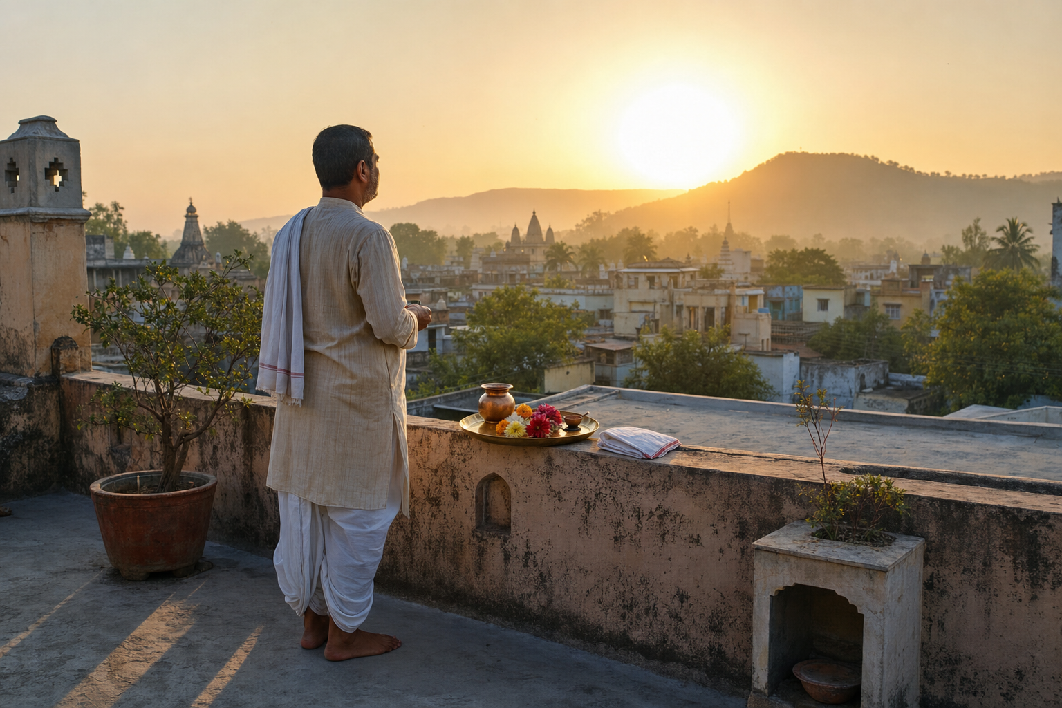 A person prepares a puja tray on a rooftop as the sun rises over nearby buildings, trees, and a distant ridge.