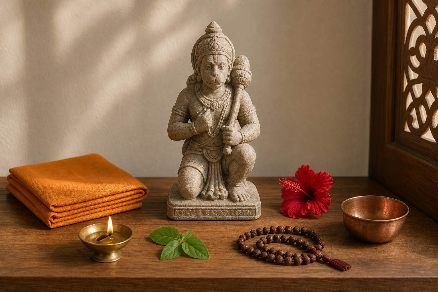A small home shrine holds an unpainted Hanuman murti, folded saffron cloth, a scarlet flower, tulsi leaves, prayer beads, and a lit brass diya.