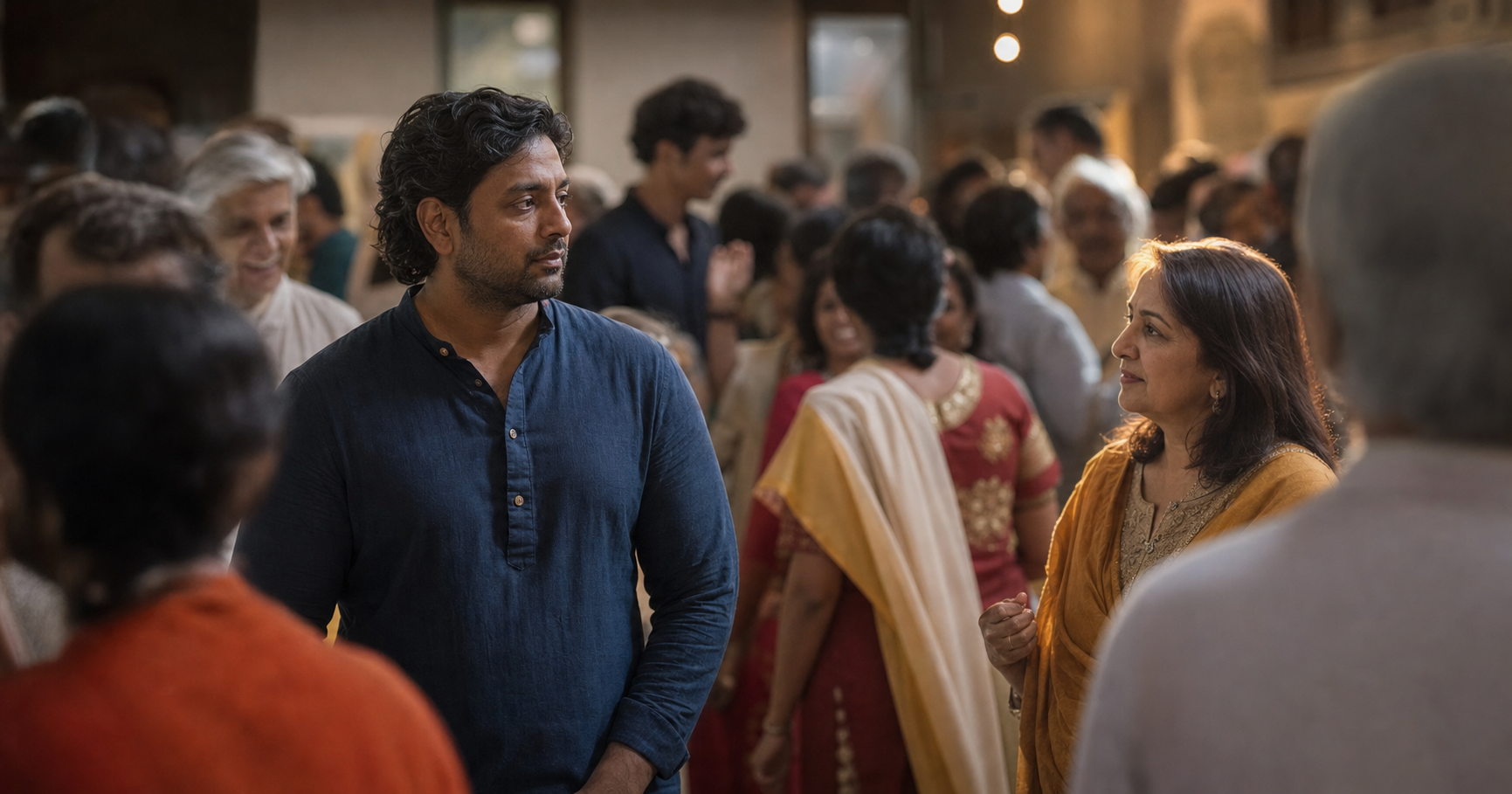 A person stands apart in a crowded community hall while one nearby attendee turns toward them with attentive eye contact.