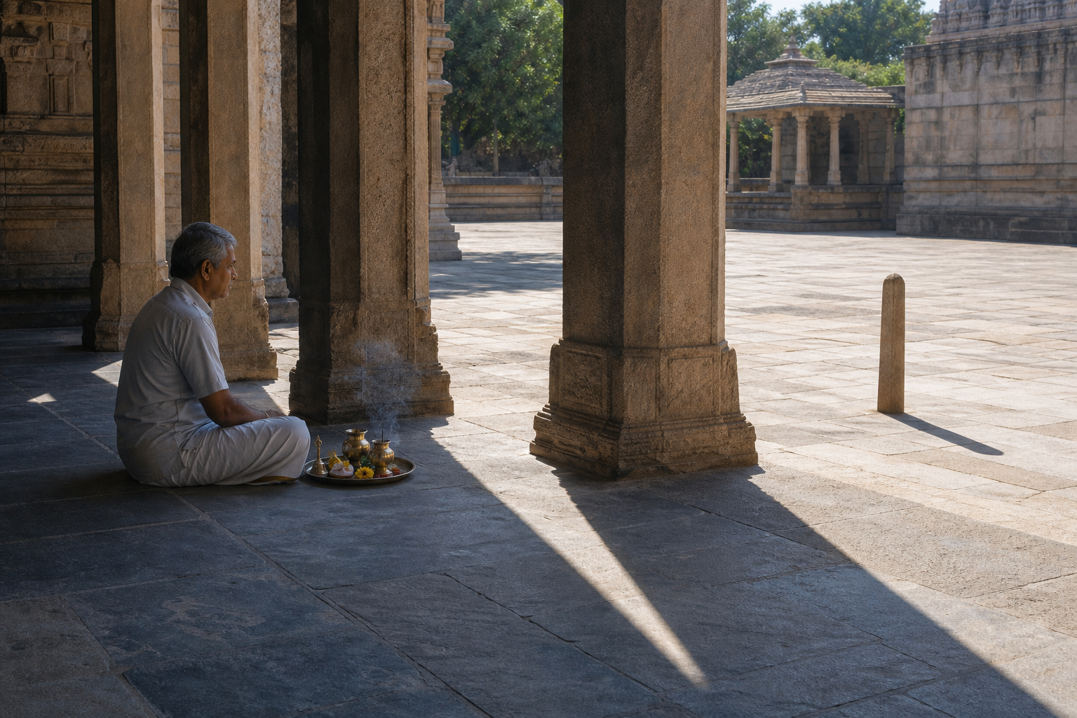 Pillar shadows and an unmarked stone gnomon cross a courtyard where a worshipper waits beside a prepared puja tray.