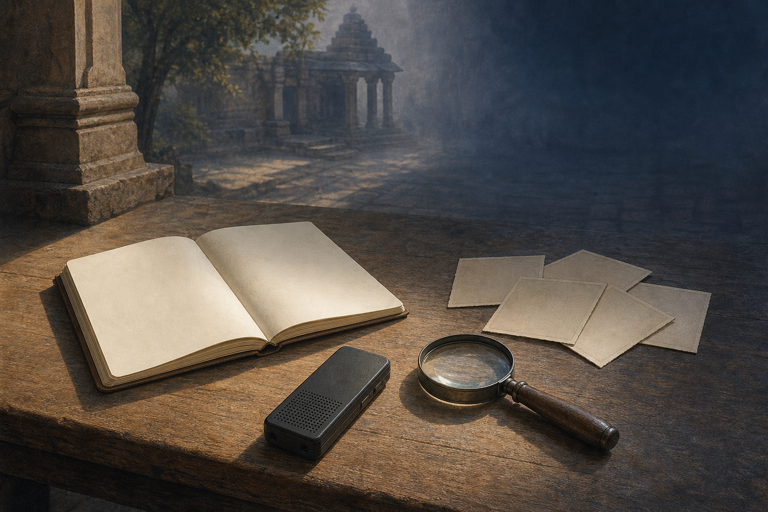 An adult seeker reflects beside an oil lamp, an unmarked open book and a tulsi sprig while an open doorway and two seated witnesses remain in the background.