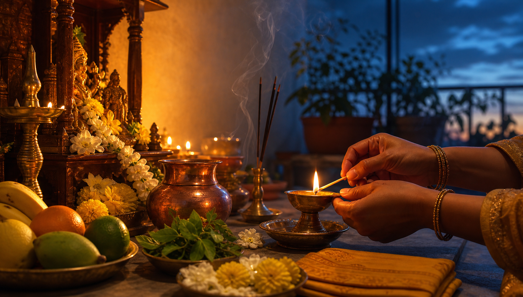 Hands light a brass diya at a home shrine as late-afternoon golden light changes into blue evening light.