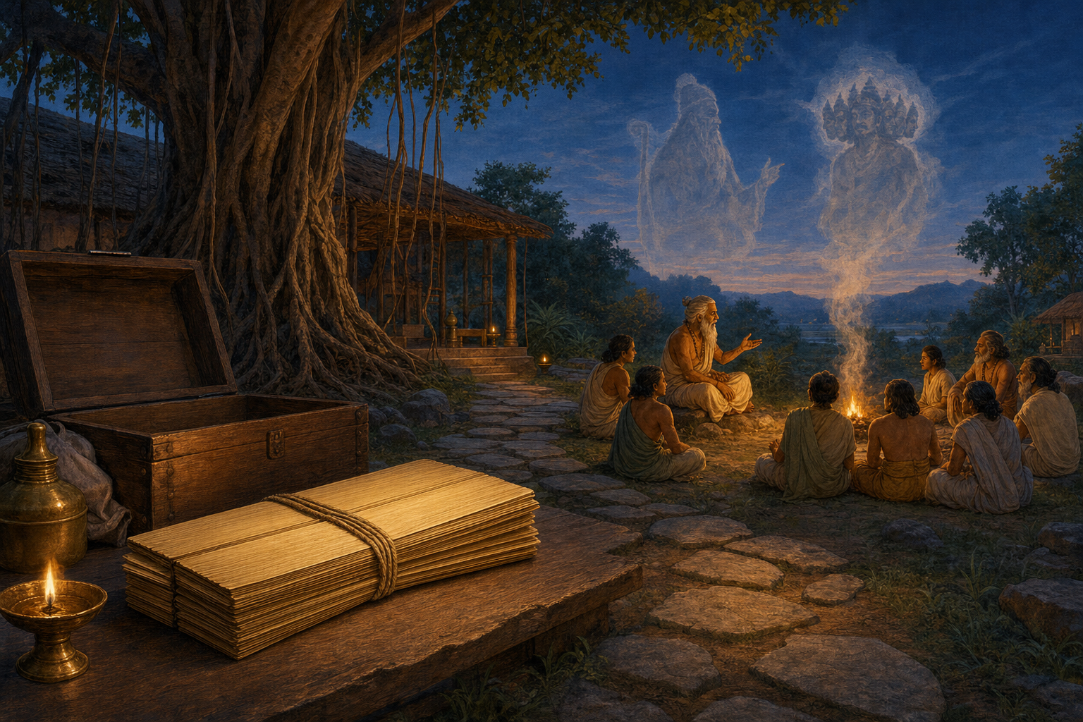 A scholar compares three bundles of blank palm leaves as a forest hermitage, temple storytelling circle, and performance pavilion appear in layered background scenes.