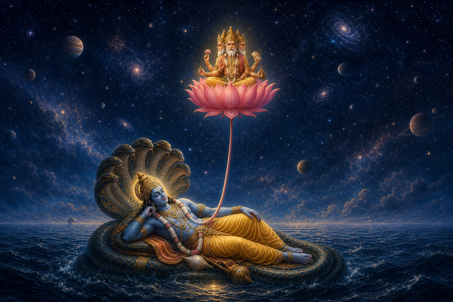 Four-faced Brahma sits on a pink lotus rising from reclining Vishnu above a dark cosmic ocean filled with stars.