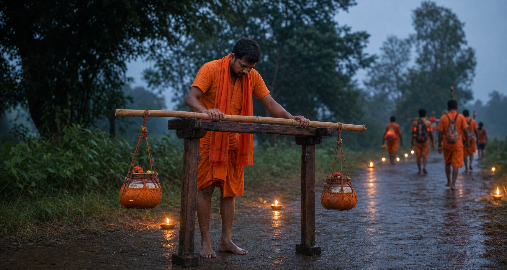 A barefoot pilgrim rests a bamboo kanwar on an elevated wooden stand beside a wet rural path.