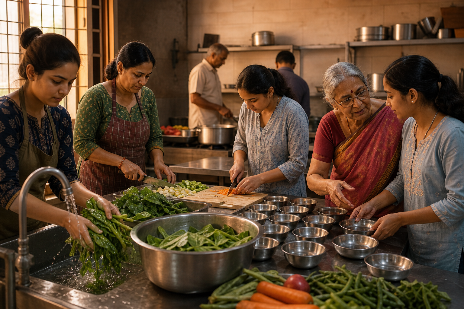 Neighbors of different generations wash vegetables, prepare food, and arrange bowls together in a communal kitchen.