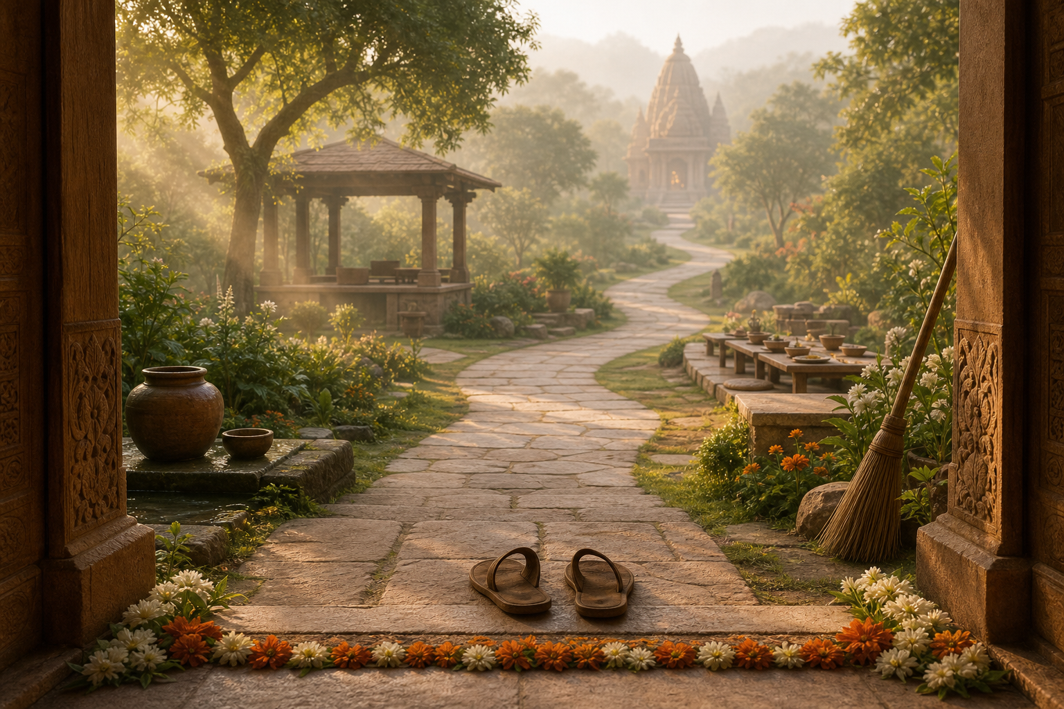 Sandals cross a flower-decorated threshold onto a long temple garden path lined with objects representing study, service and community life.