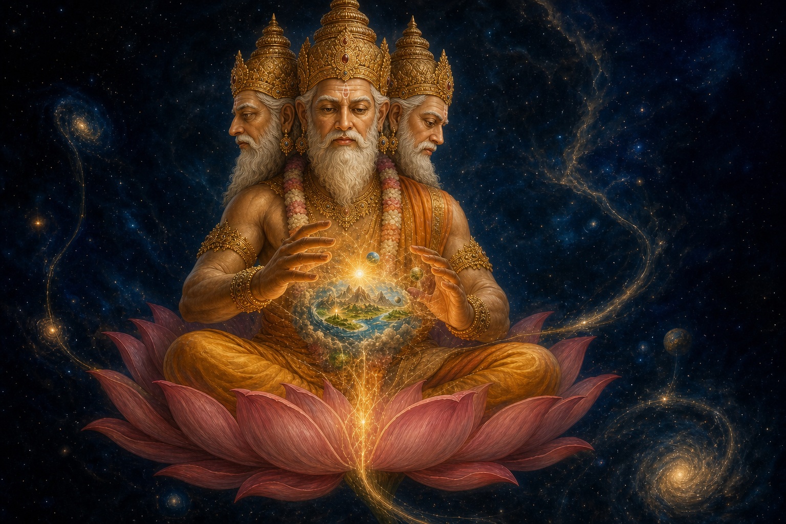 Brahma examines a glowing world between his hands while seated on a lotus whose stem extends into the surrounding cosmos.