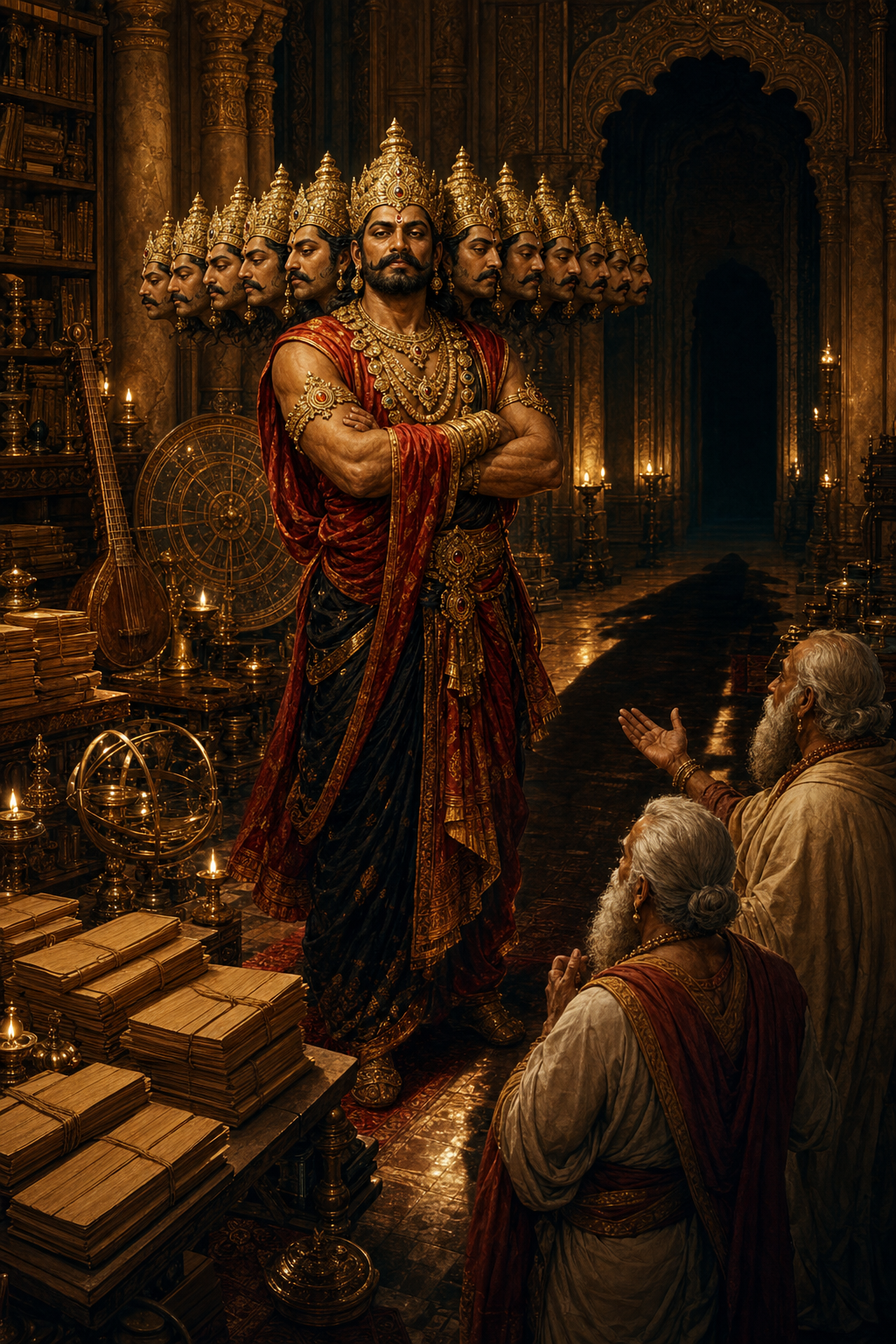 Ravana stands among books, instruments, and ritual objects in a palace chamber while two elderly advisers wait behind him and his shadow extends toward a dark doorway.