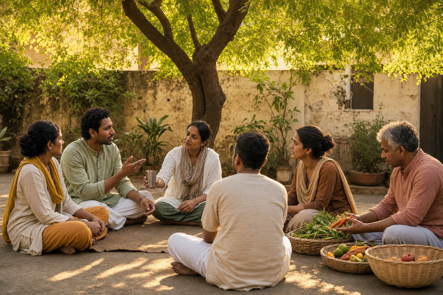 A small group listens to one speaker beneath a courtyard tree while nearby participants sort food into baskets for others.