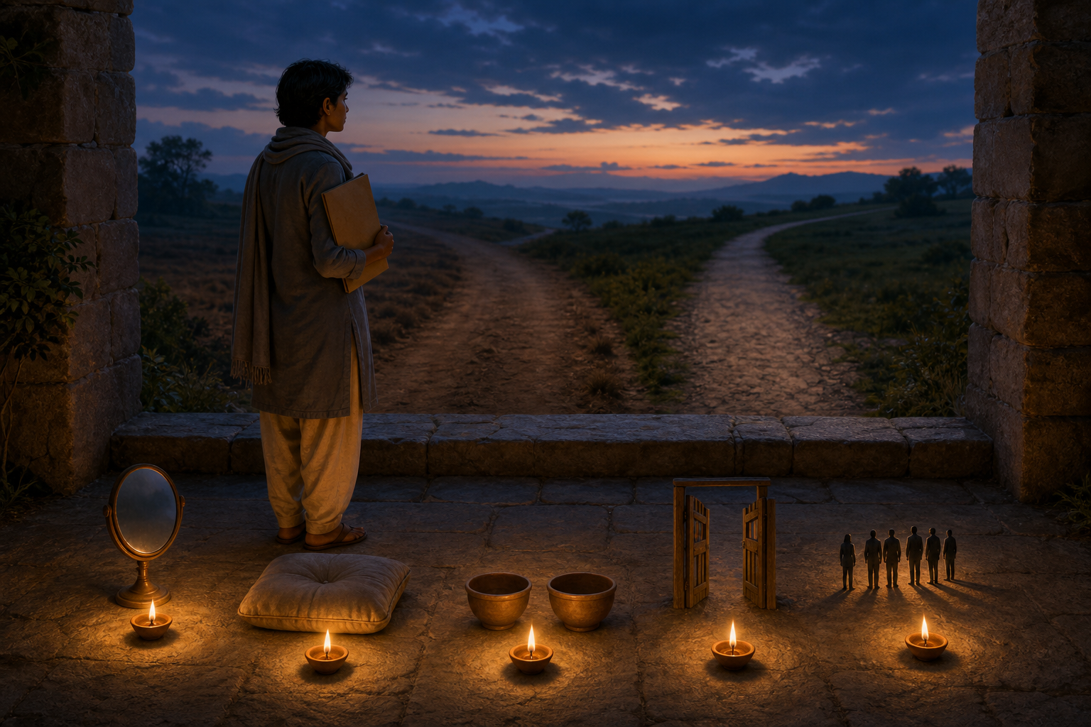 A person pauses before two paths while five clay lamps illuminate a mirror, an empty cushion, balanced bowls, an open gate, and distant people.