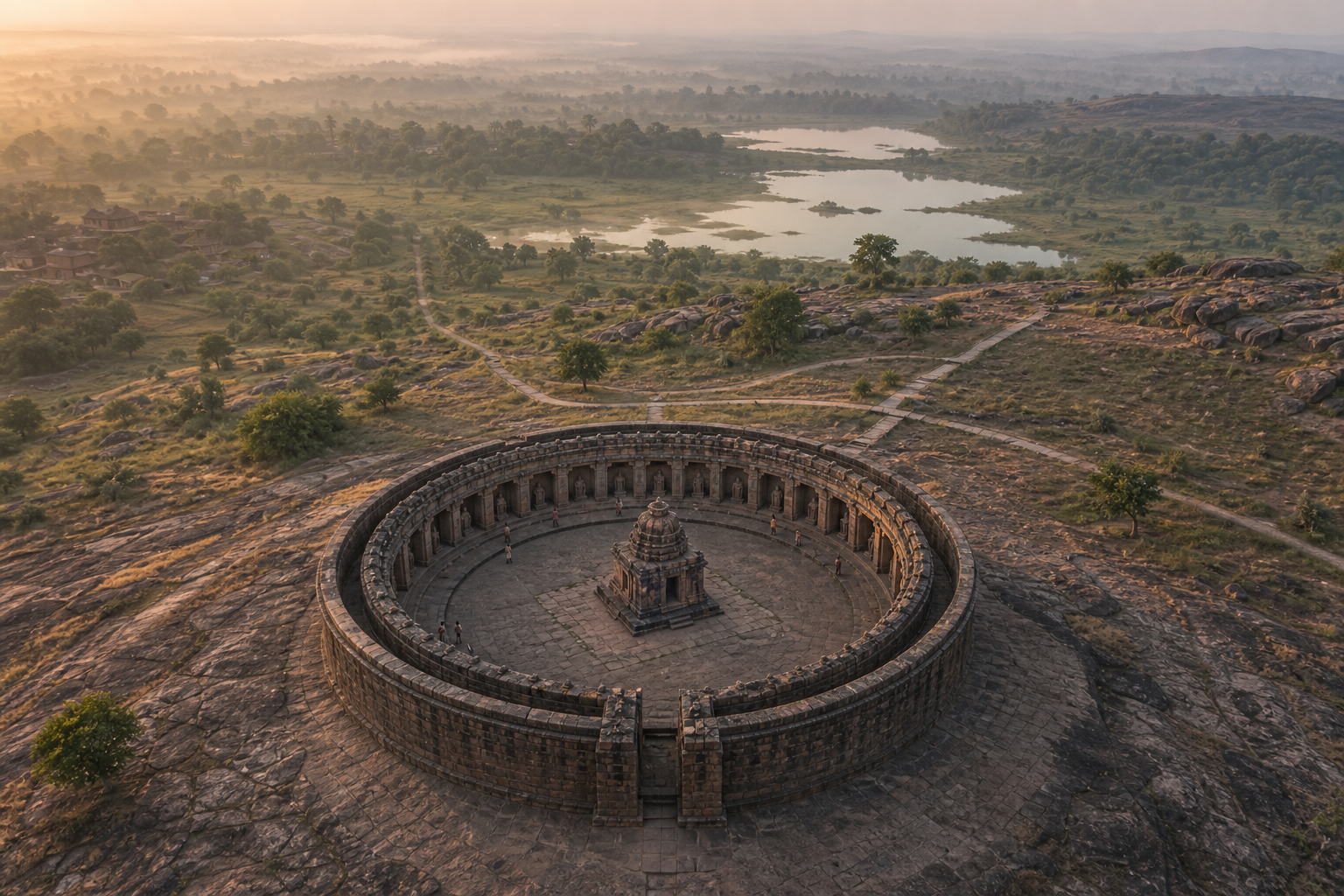 A roofless circular stone temple with inward-facing niches and a central shrine stands on a rocky plateau as several people walk around its interior.