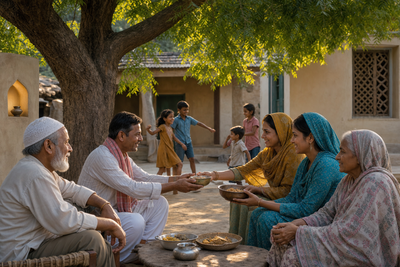 Two fictional Indian families exchange bowls of food beneath a neem tree while children play and elders sit nearby in a shared courtyard.