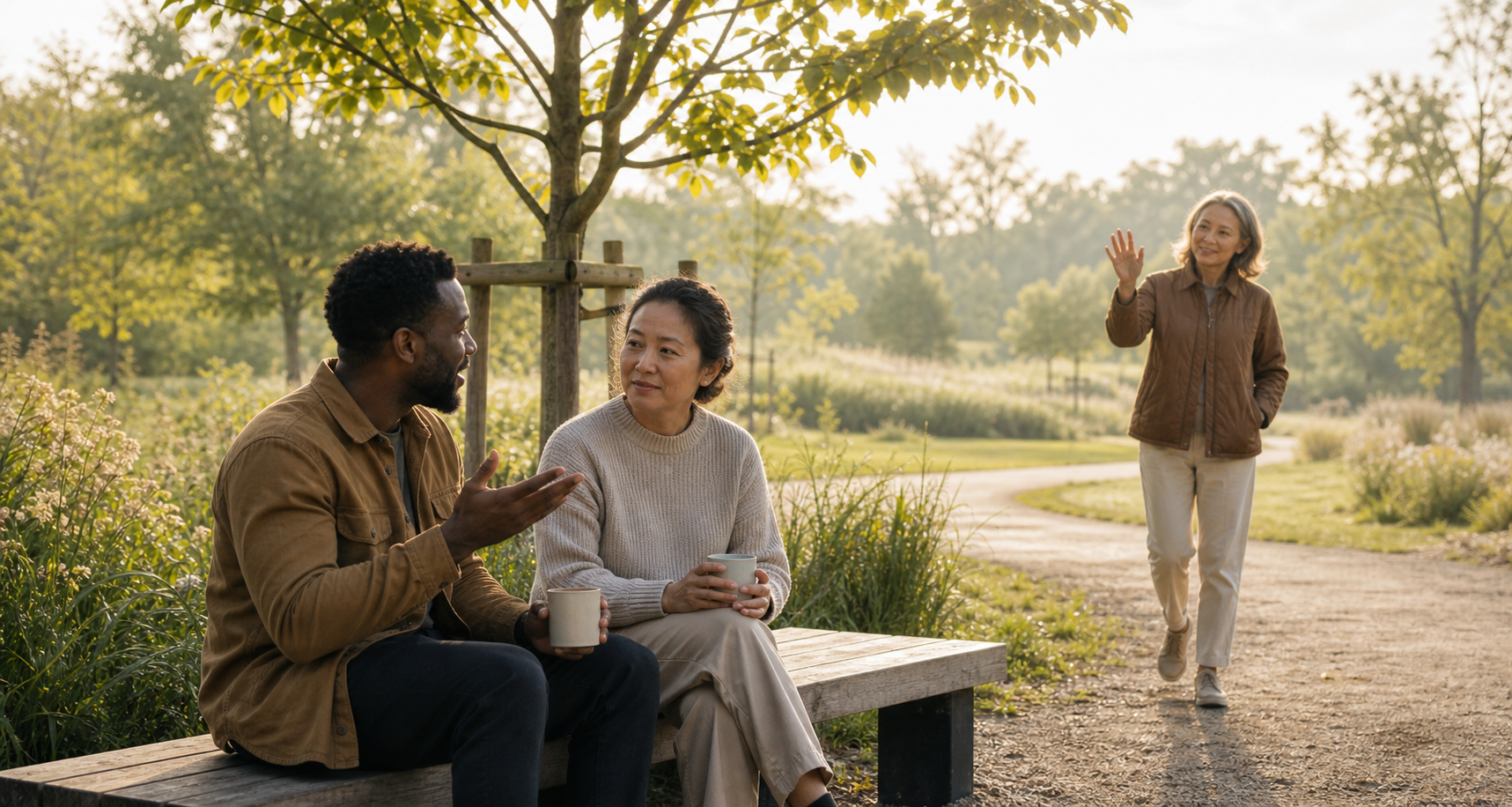 Two neighbors talk over tea on a park bench as another familiar person approaches along the path.