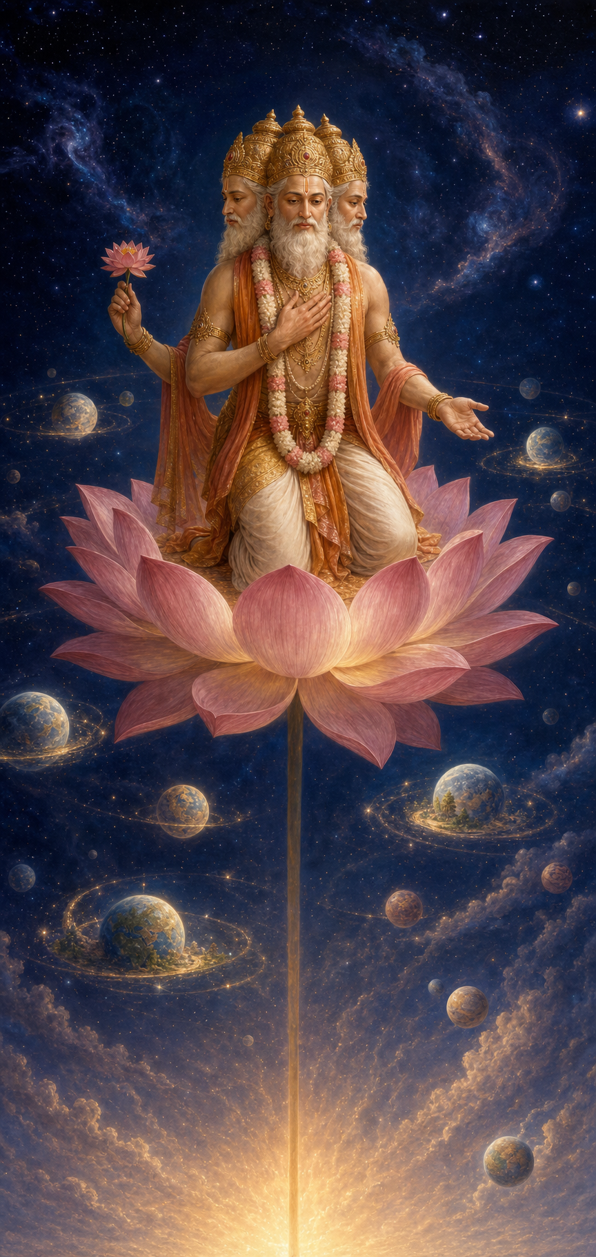 Brahma kneels with an open hand on a lotus as its long stem descends into a vast luminous cosmic source.