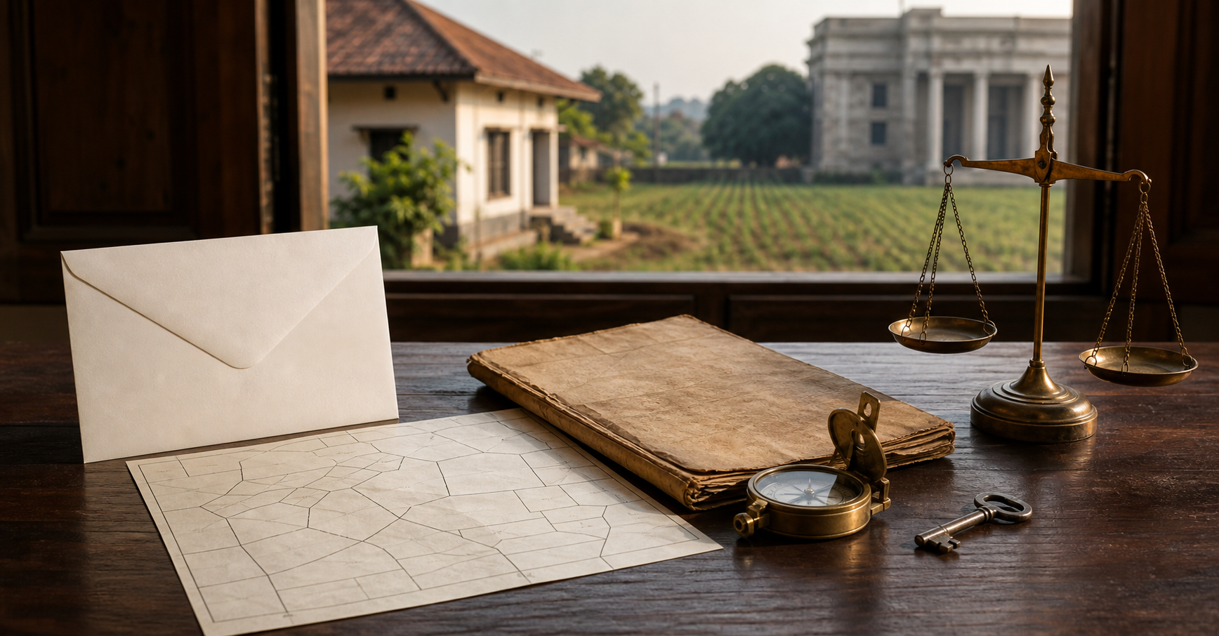 A blank official envelope, an unlabeled parcel map, an old deed, a survey compass, a house key, and a scale-of-justice figurine arranged on a wooden desk.
