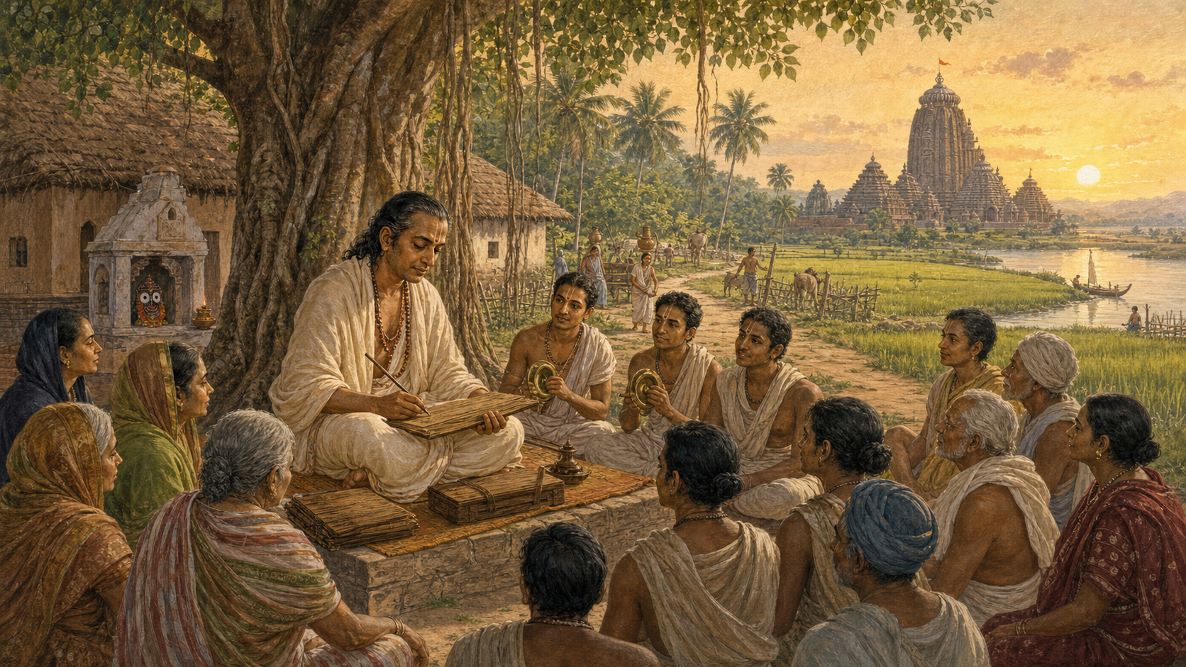 An imagined early modern Odia poet-saint writes on palm leaves beneath a banyan tree while devotees gather near a village matha, fields, river, and distant temple.