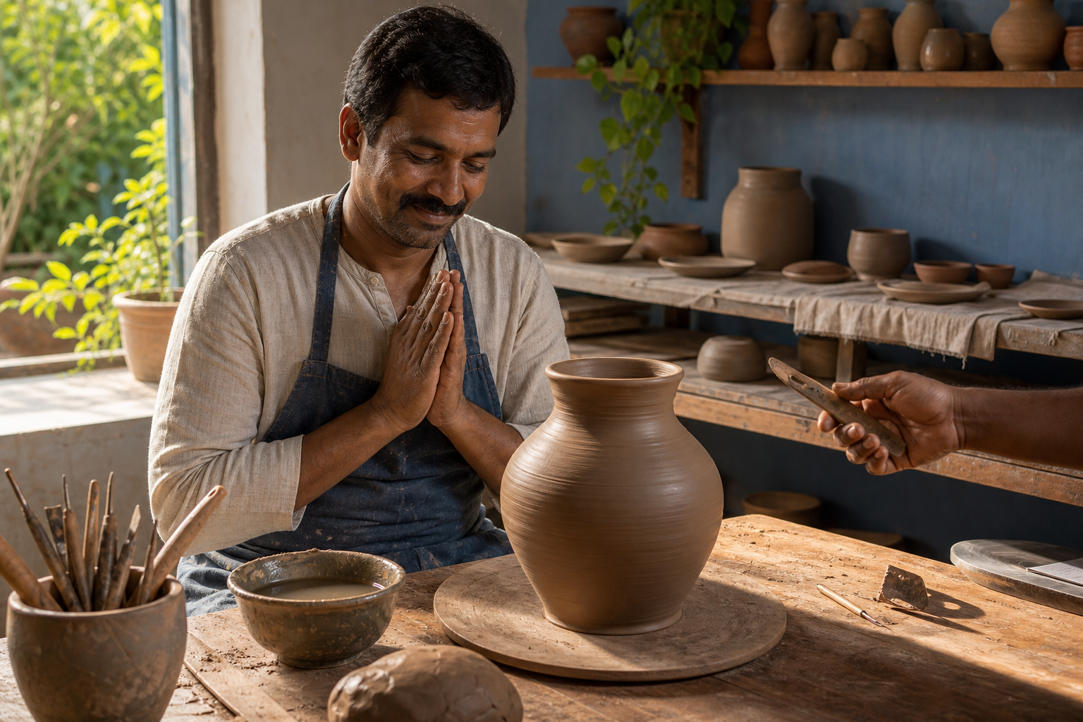 A craftsperson pauses with joined palms before a finished clay vessel at a workbench surrounded by tools, materials, and a collaborator's helping hands.