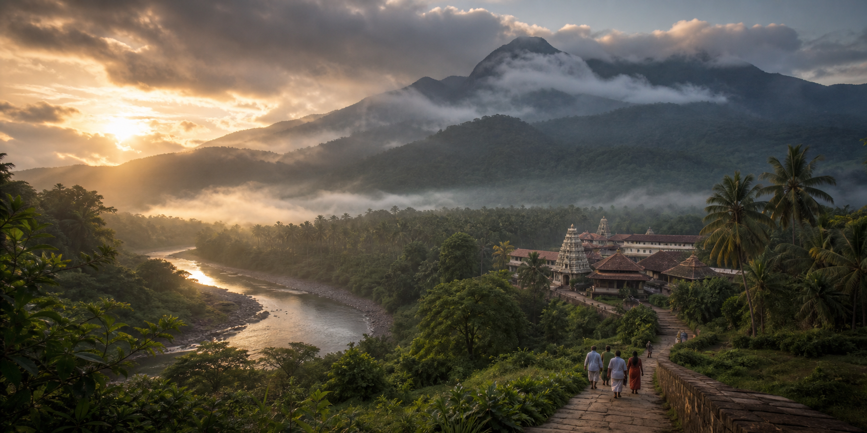 Kumara Parvatha rising behind the forested Kukke Subramanya temple valley as the Kumaradhara River curves through the landscape at dawn.