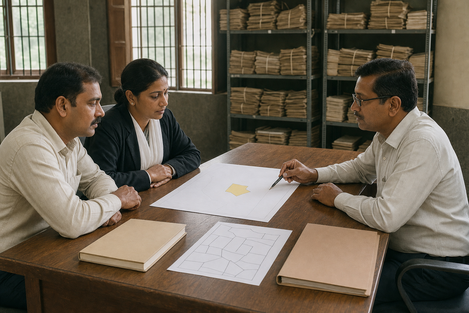 A property holder and legal adviser review an unlabeled parcel map with a records officer in an Indian land-records office.