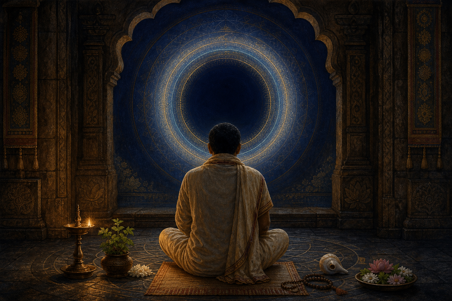 A devotee meditates at a temple threshold before a dark indigo circle ringed with light, with an oil lamp, tulasi leaves, conch, beads, and flowers nearby.