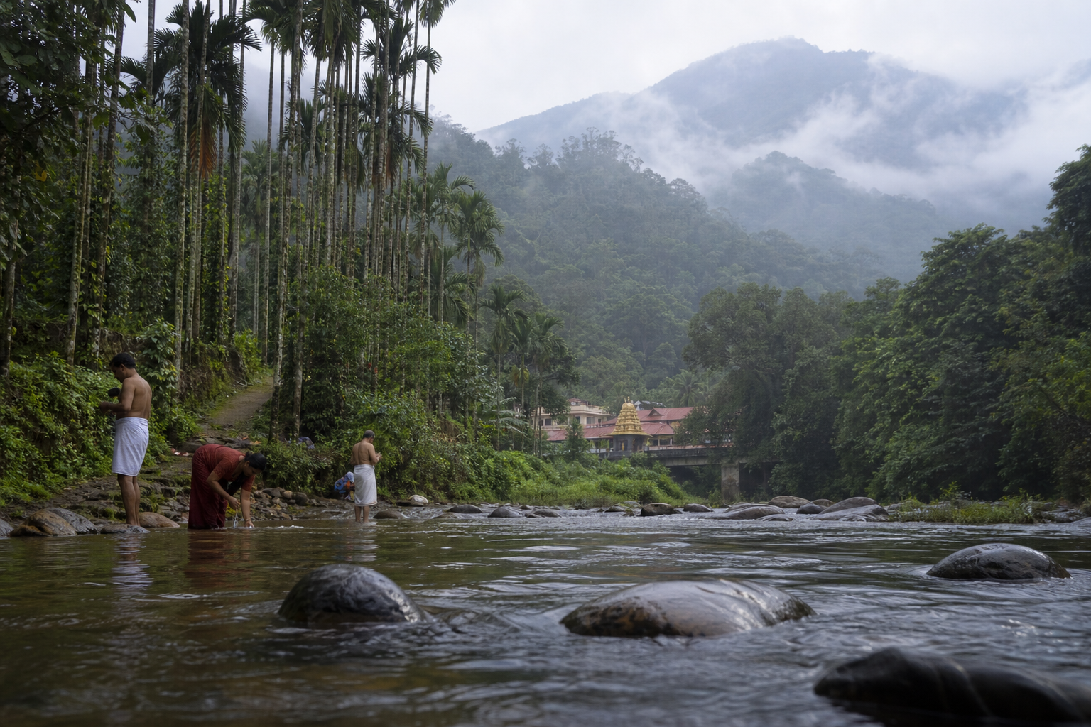 Pilgrims bathing in the Kumaradhara River below forested slopes, with a path leading toward the distant Kukke Subramanya temple.