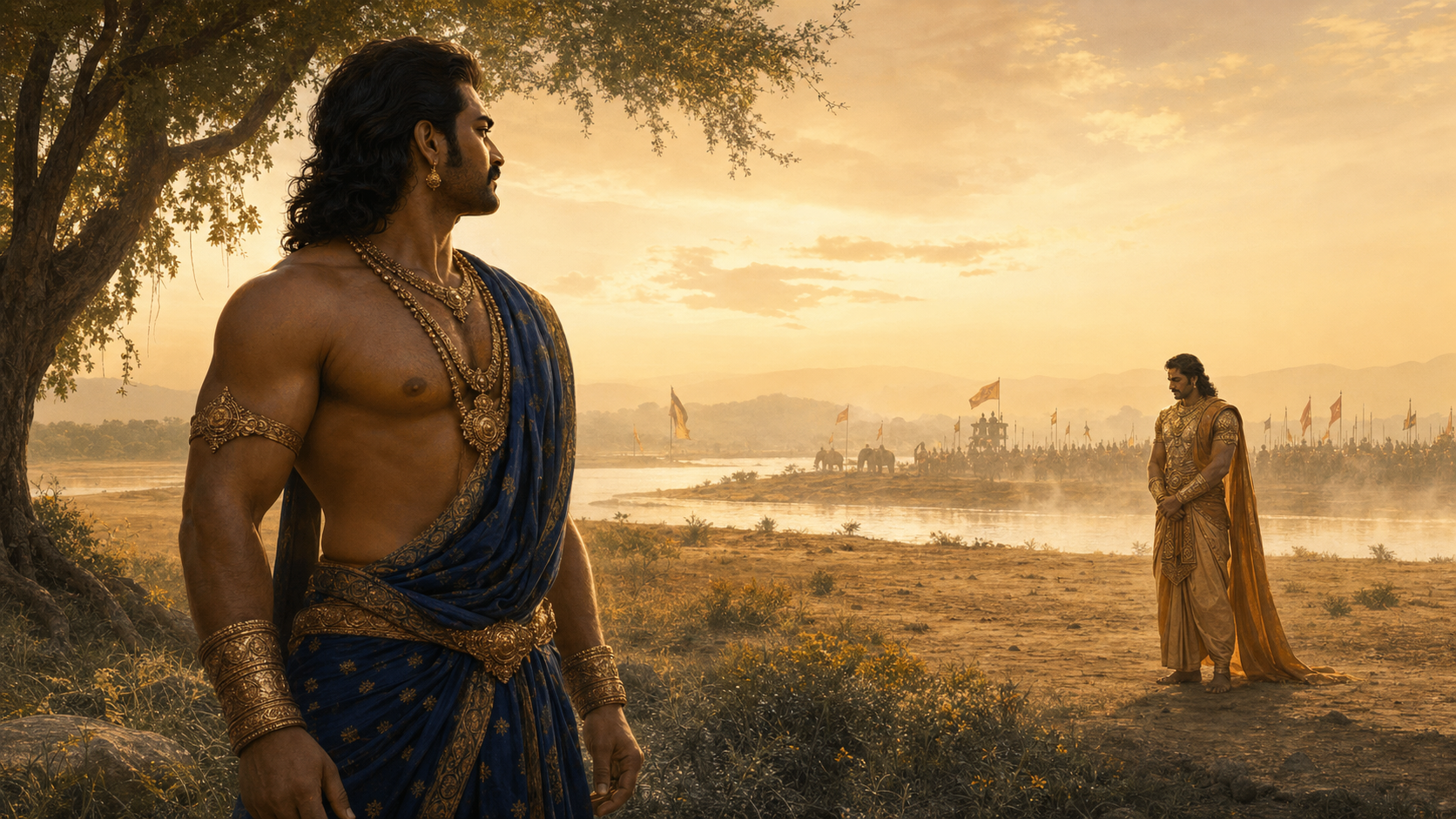 Bhima faces the yielded Karna on a river plain at dawn, with distant troops and campaign standards.