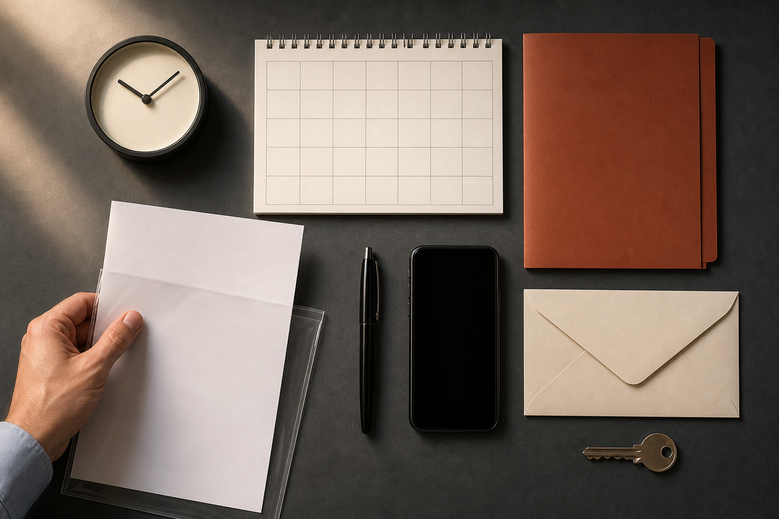 A hand protects a blank notice beside a clock, an unmarked calendar, a pen, a phone, an envelope, a receipt folder, and a house key.