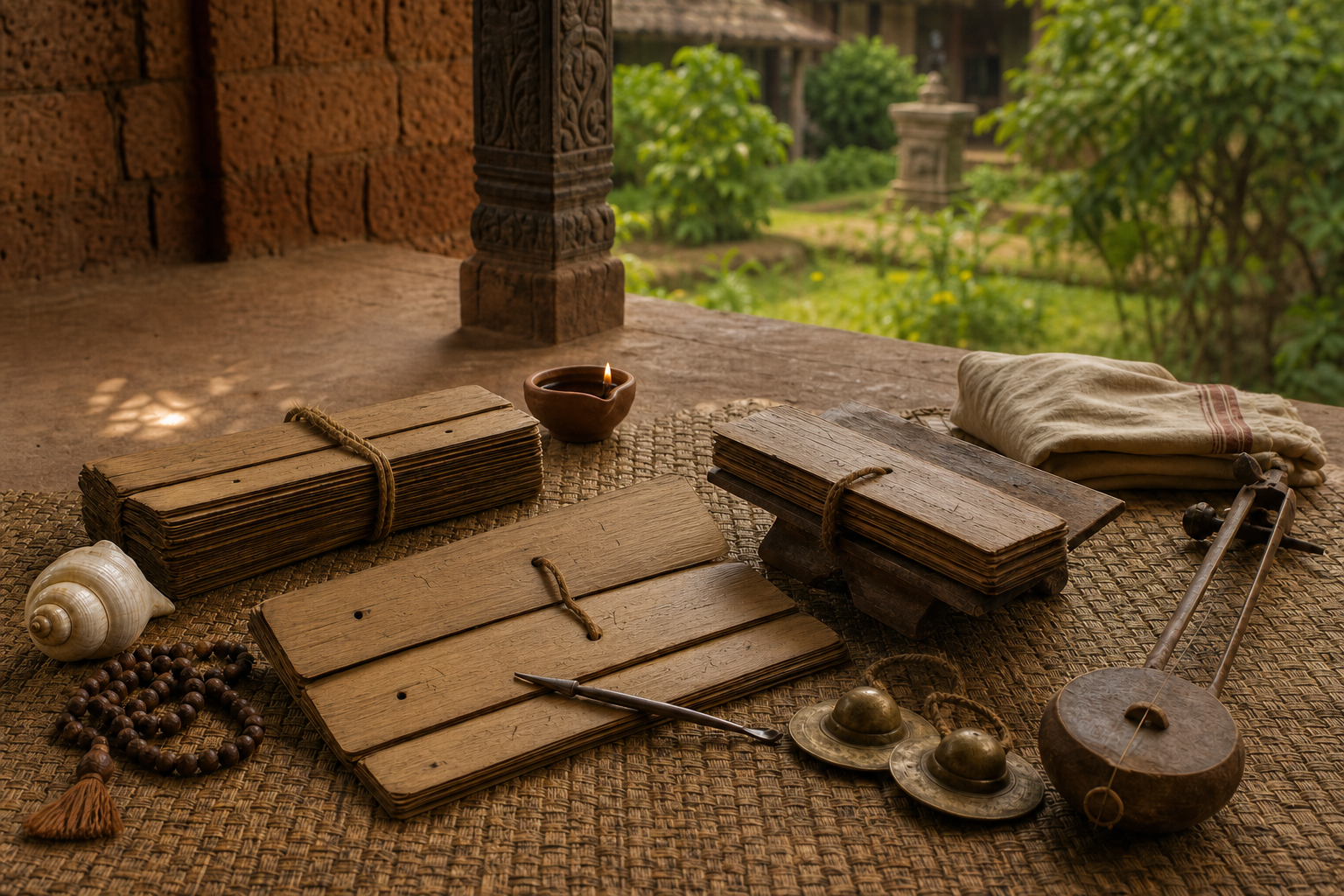 Several bound and open palm-leaf manuscript bundles lie on a woven mat with a stylus, cymbals, devotional instrument, prayer beads, conch, lamp, and folded cloth.