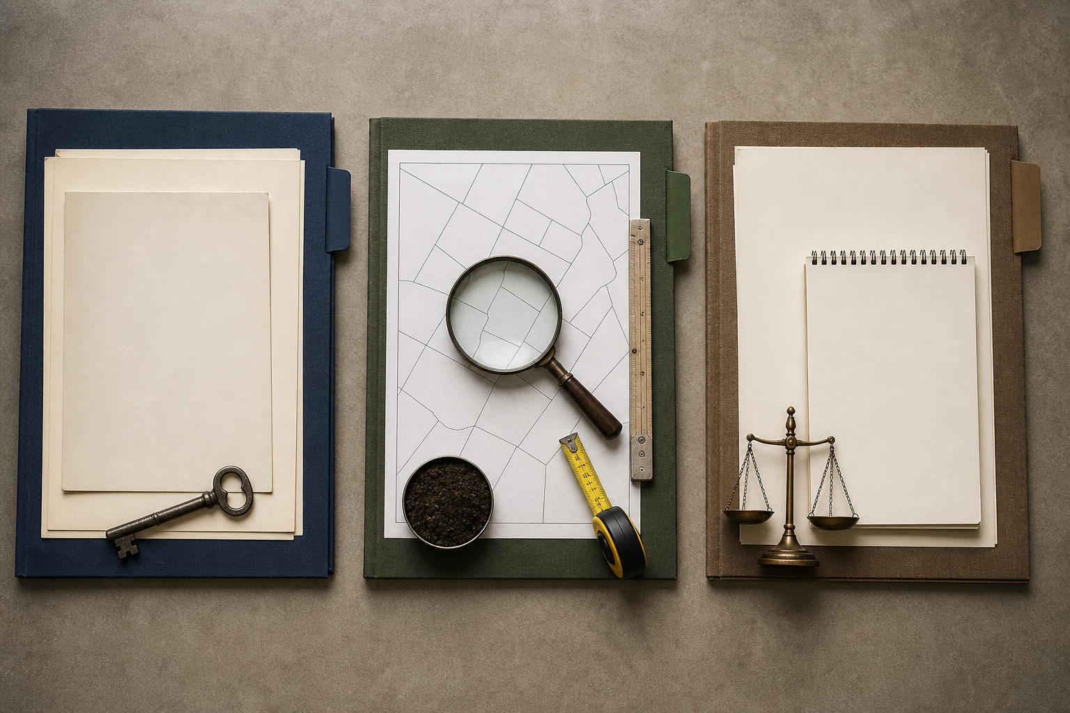 Three separate evidence files contain property papers, boundary-survey materials, and legal documents on a worktable.