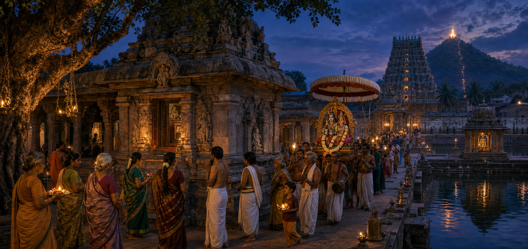 Pilgrims circle a South Indian Shaiva temple while a procession of Shiva and Parvati passes near lamps, a sacred tree, a temple tank, and a distant hilltop flame.