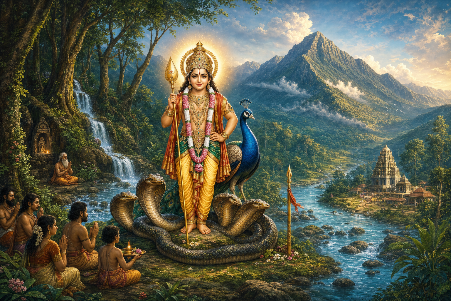 A sacred narrative scene showing Subrahmanya protecting the serpent king Vasuki beside a river flowing from a forested mountain.