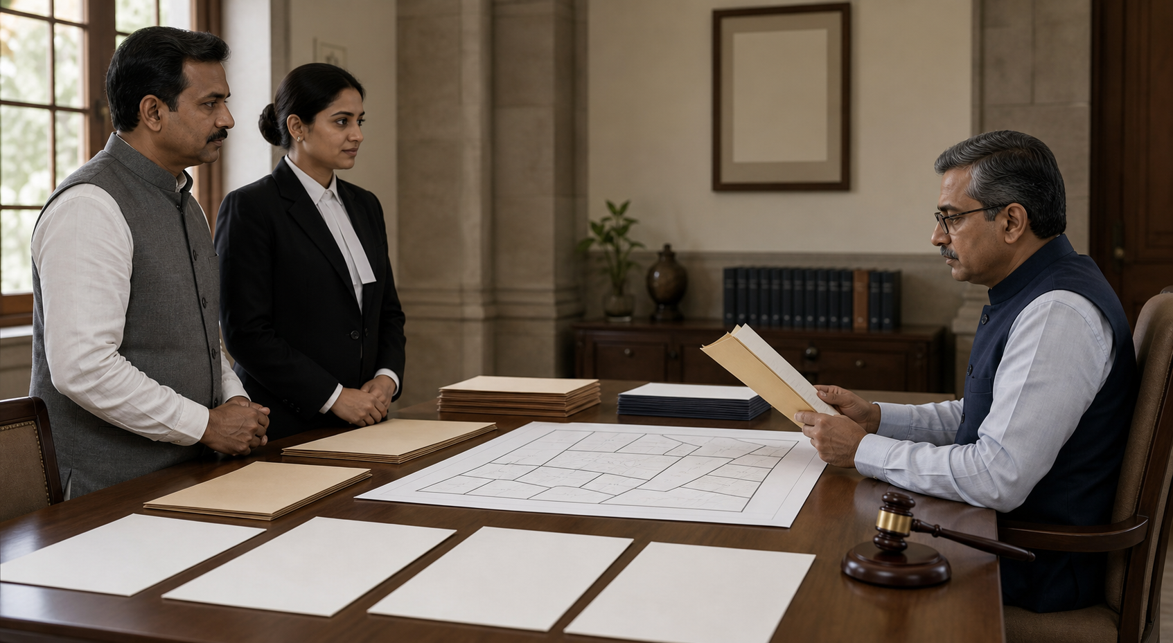 A property holder and counsel present organized evidence and an unlabeled parcel map to an authority in an administrative hearing room.
