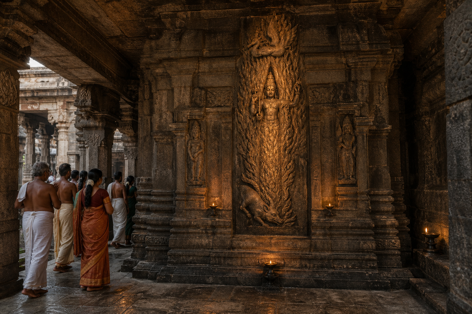 Pilgrims on a clockwise temple route pause before a rear-wall Lingodbhava relief showing Shiva in a fiery pillar, with a boar below and a swan above.