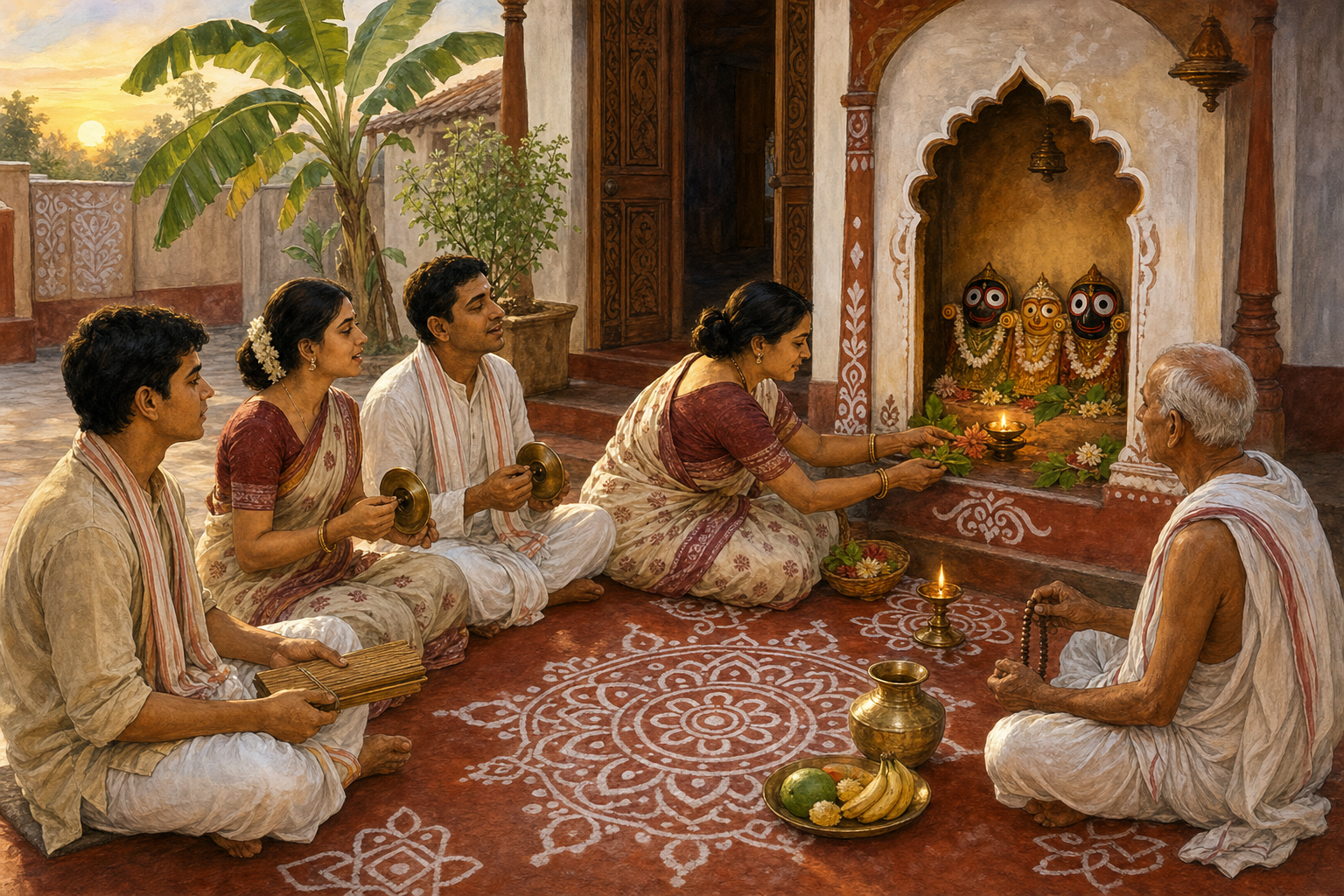 Three generations of an Odia family light a lamp, offer flowers, use prayer beads, and sing with hand cymbals around a small household shrine at dawn.
