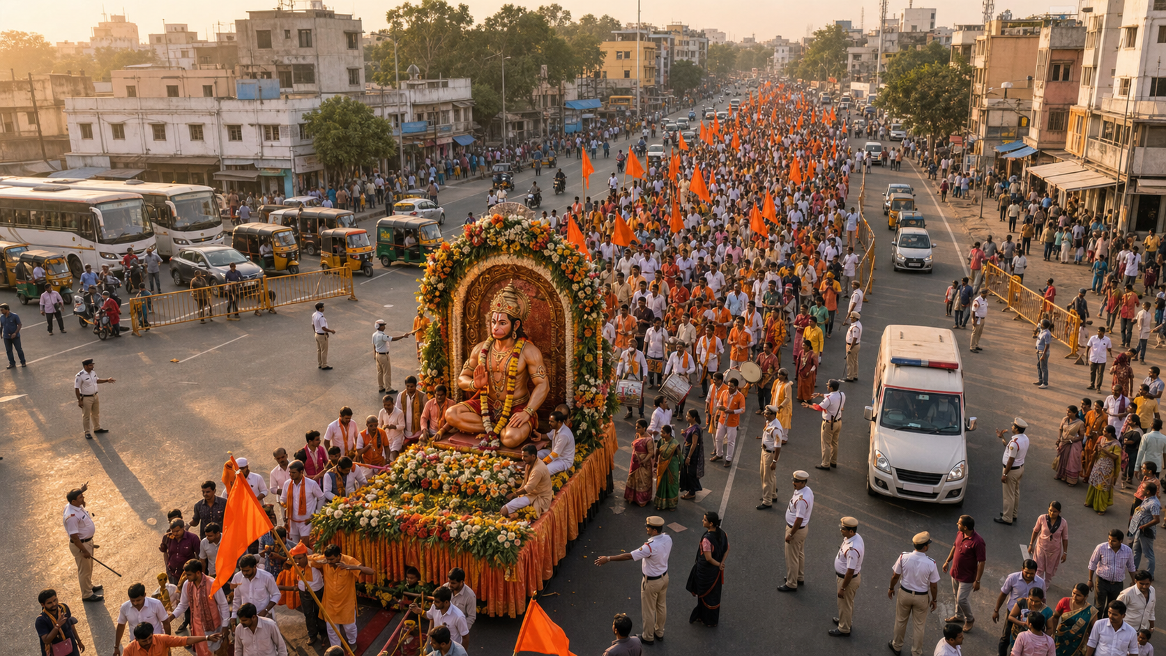 An elevated view of a Hanuman Jayanti procession moving through a Hyderabad junction while officers and volunteers manage barricades, side traffic, pedestrians, and an emergency lane.