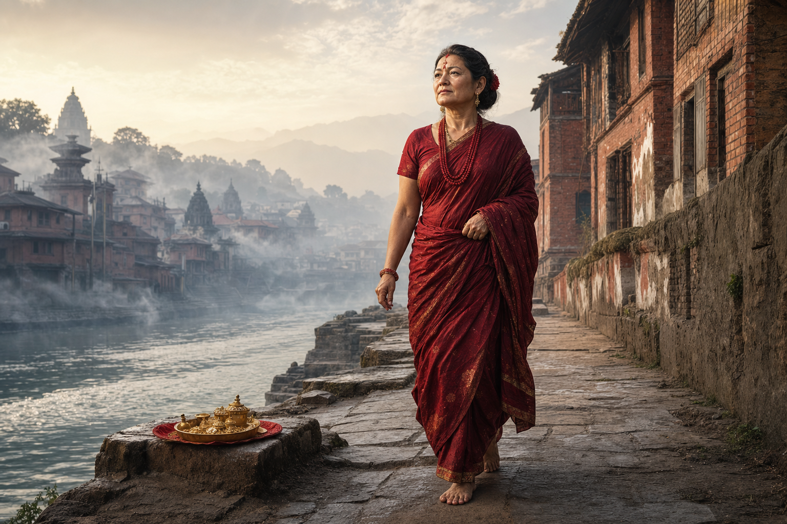 Editorial illustration of Luti Ajima in a crimson sari walking barefoot beside a misty river in Nepal’s Kathmandu Valley at dawn.
