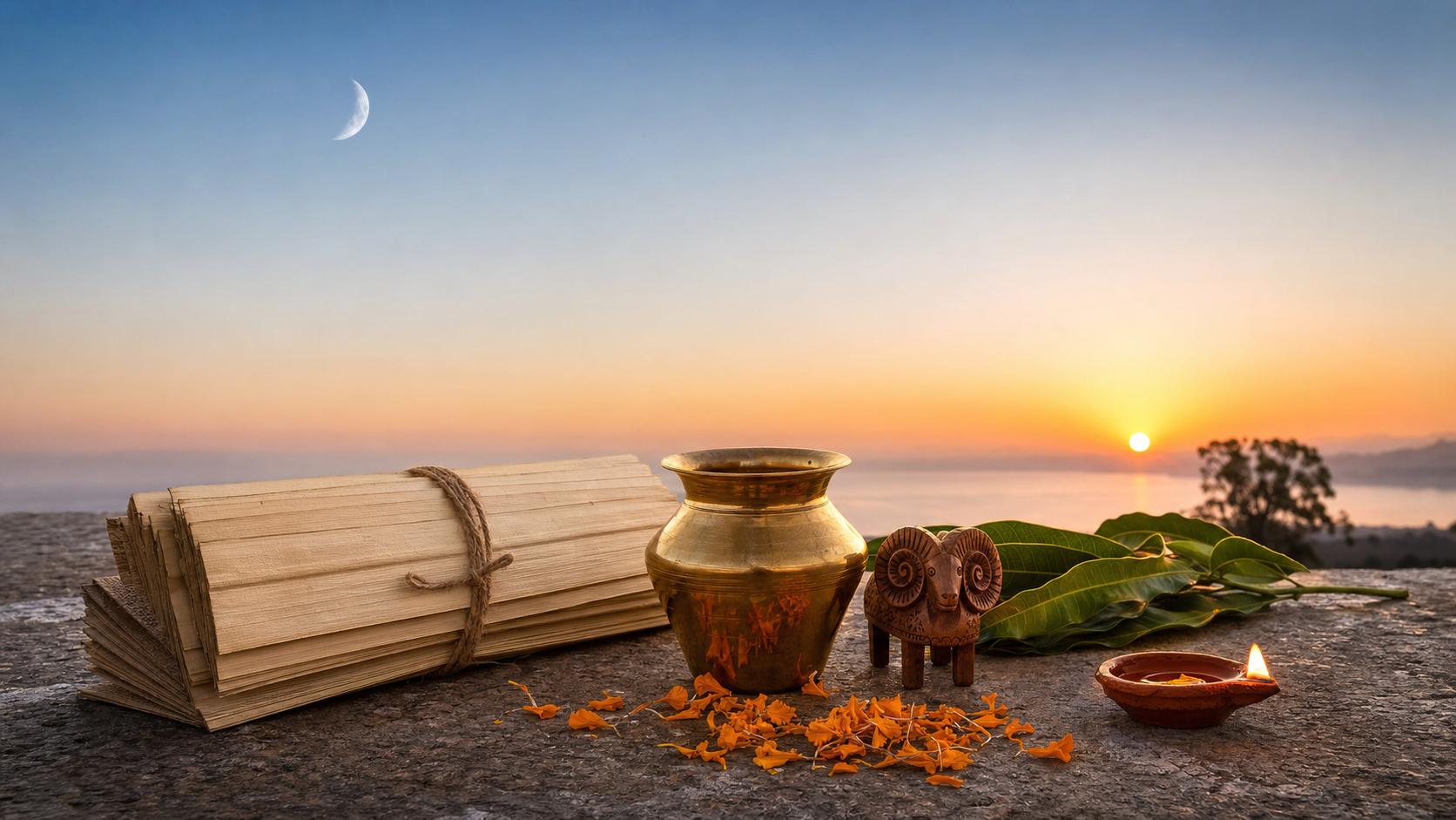 Brass vessels, palm leaves, flowers, an oil lamp, and a carved ram sit on a terrace beneath a rising sun and fading moon.