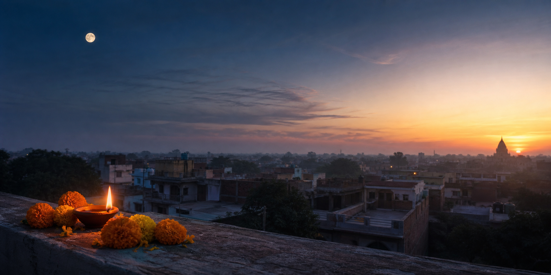 A full moon remains visible over an Indian neighborhood as dawn light rises, with a glowing oil lamp and marigolds on a rooftop shrine.