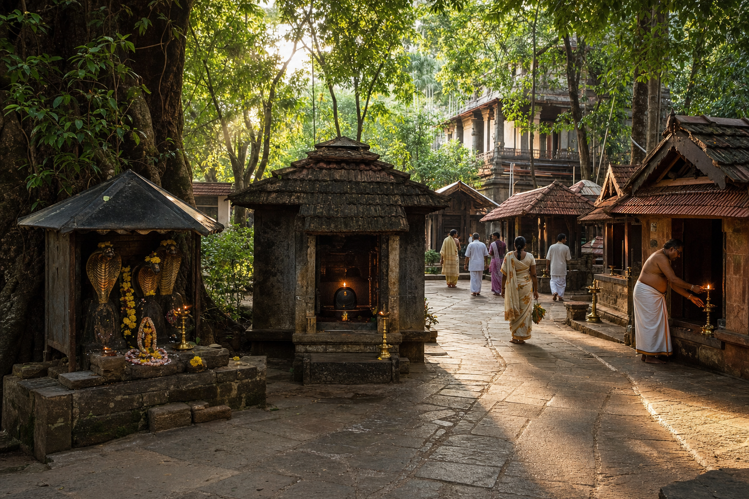 Pilgrims following a stone walkway between small tiled-roof subshrines, a serpent-associated shrine, and a linga sanctuary in a wooded temple setting.