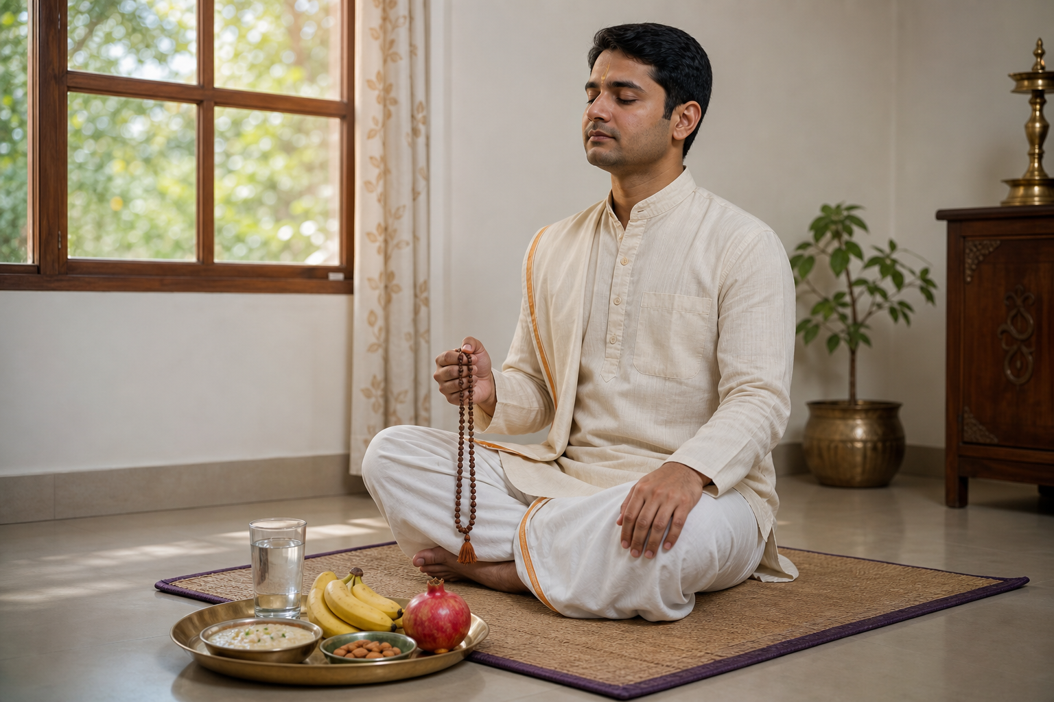 A devotee uses wooden prayer beads beside water, fruit, soaked almonds and a small bowl of simple food during a home vrat.