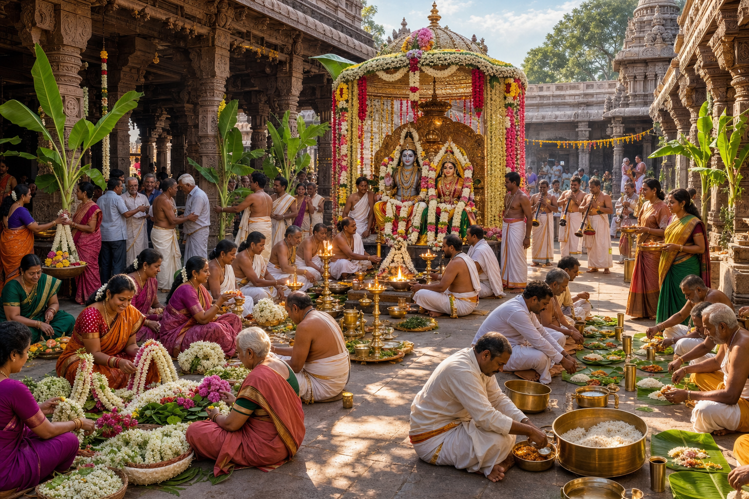 A temple community gathers around adorned icons of Shiva and Parvati for a ceremonial wedding as priests officiate and volunteers prepare garlands, welcome guests, play music, and serve food.