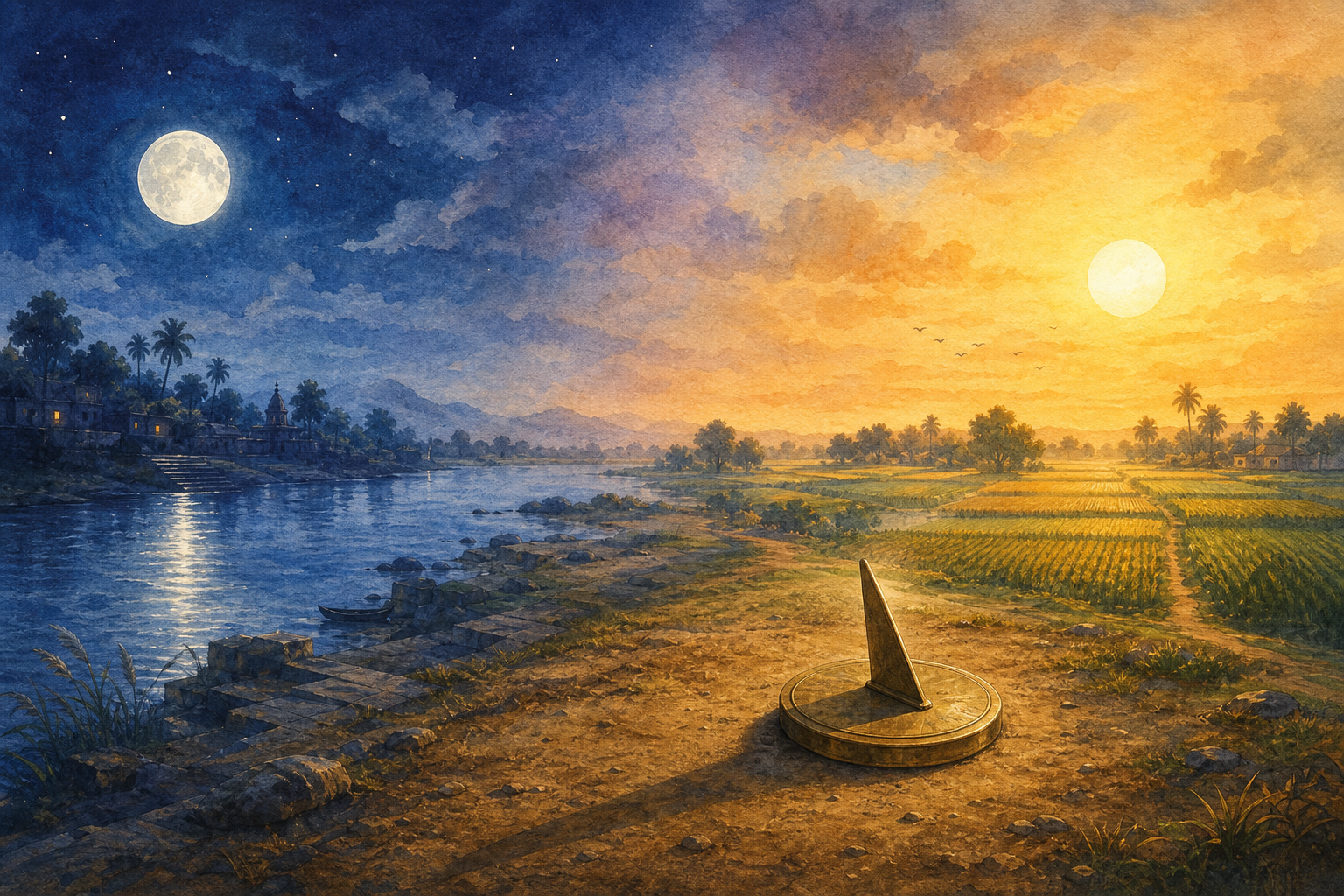 An illustrated landscape shifts from a moonlit riverbank to a sunlit field, with the moon, sun, and a brass shadow marker visible.