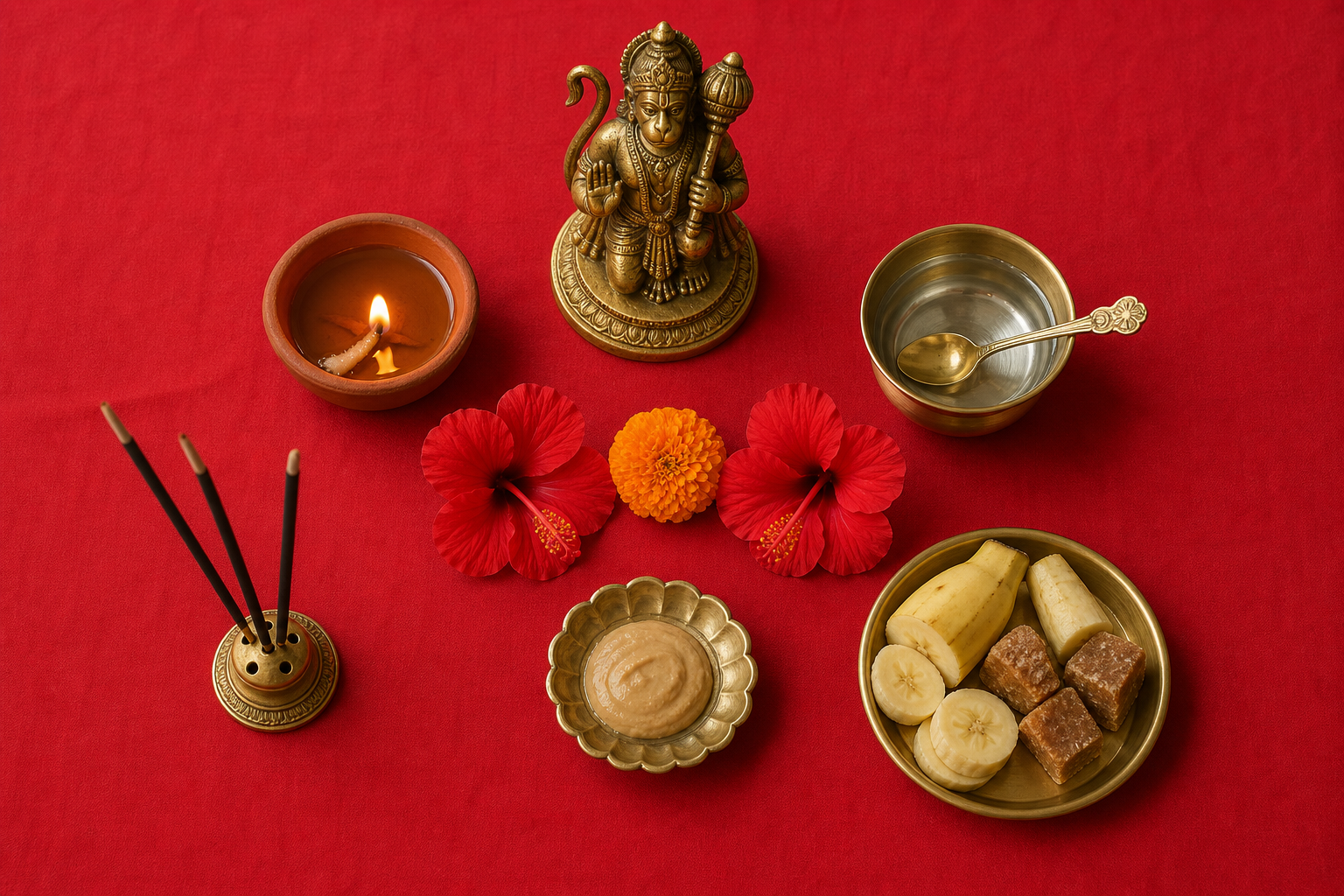 A simple Hanuman puja setup includes a brass murti, oil lamp, water, incense, flowers, sandalwood paste and a fruit offering.