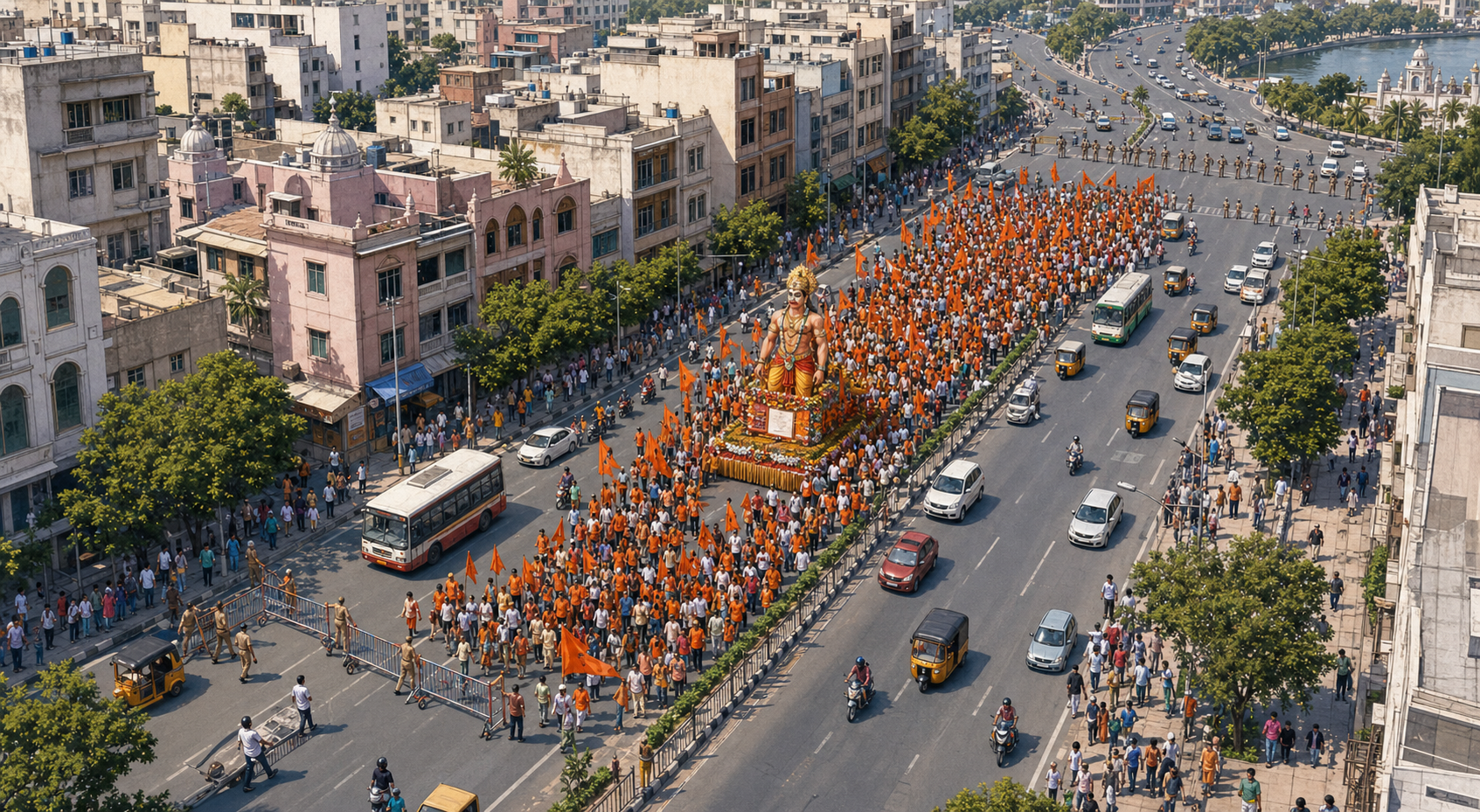 A bird's-eye street scene shows traffic being held ahead of a Hanuman procession, the procession occupying the central corridor, and vehicles moving again after it passes.