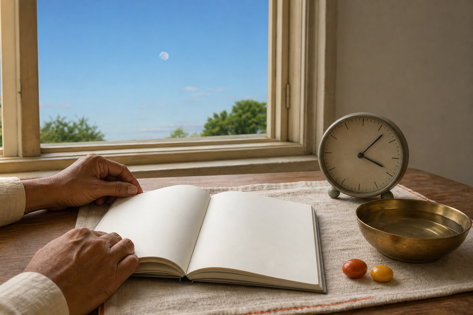 A reader's hands, an unmarked notebook, two colored stones, a plain clock, and a brass bowl are arranged beside a sunlit window with the moon visible outside.