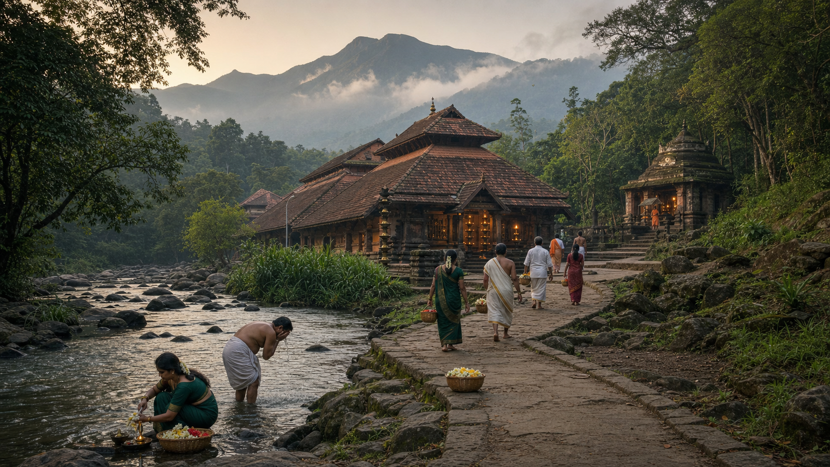 Pilgrims move from ritual bathing at the Kumaradhara River toward the main temple and then a smaller shrine beneath trees.