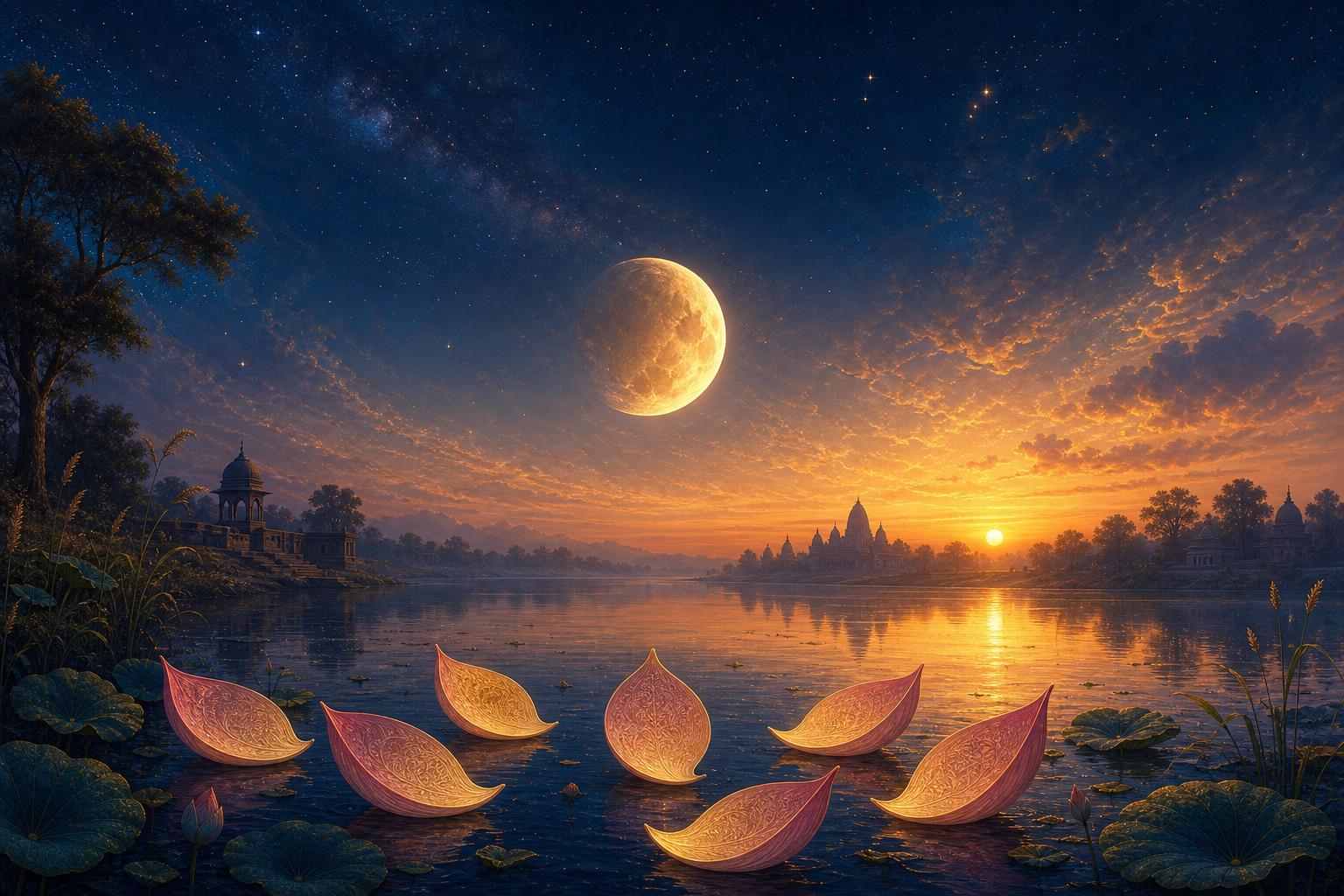 A waxing Moon and stars above a river at dawn, with lotus-petal forms and distant temple silhouettes.
