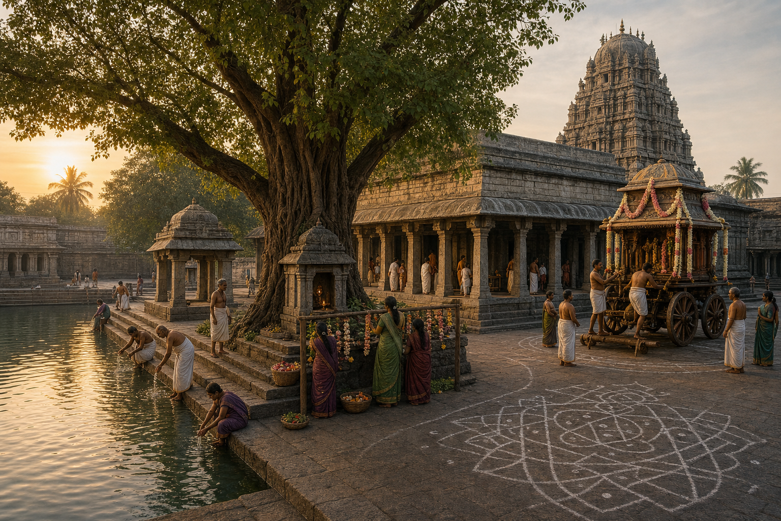 Pilgrims move among a temple tank, a sacred tree and small shrine, the main Shiva temple, and a processional street at dawn.