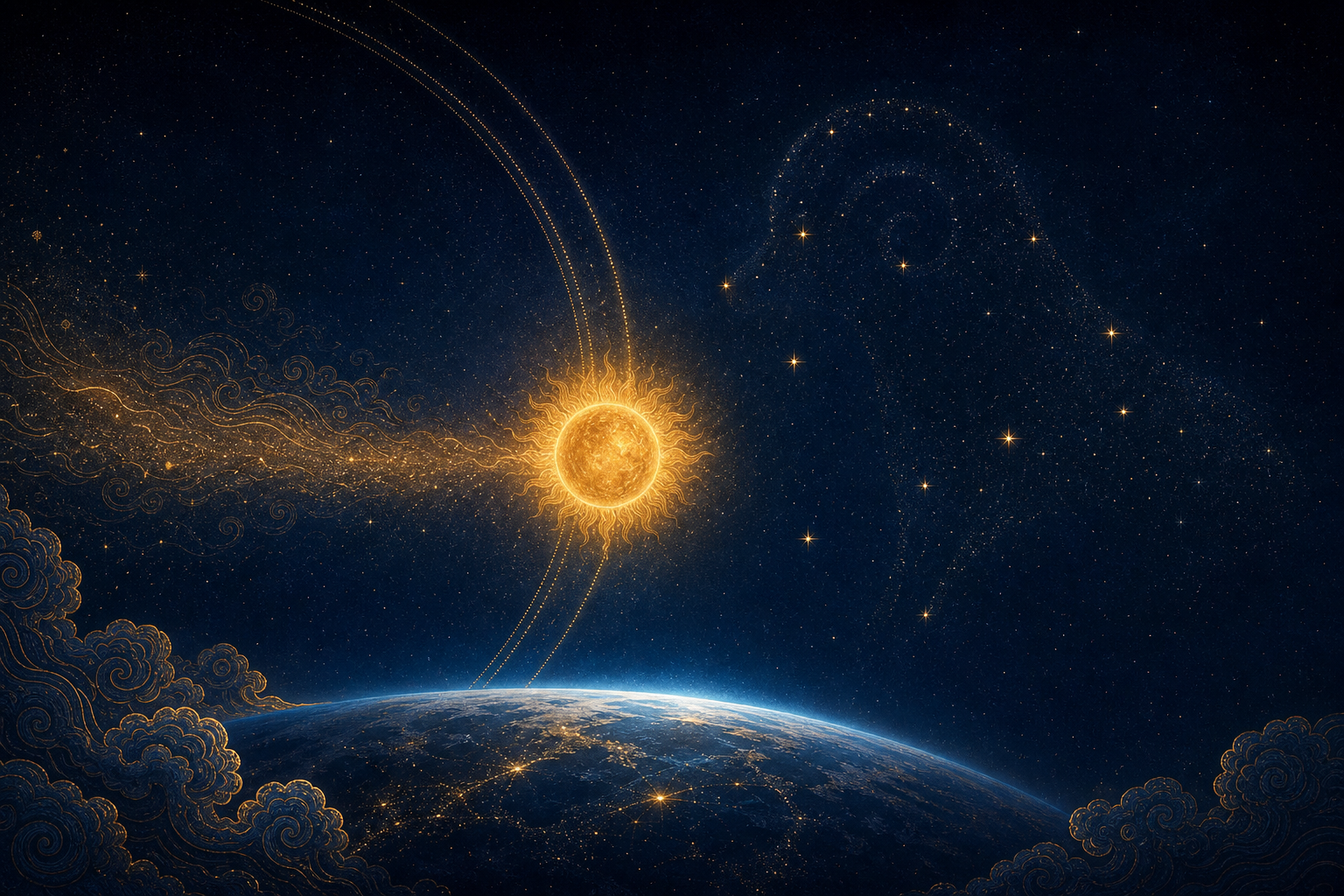 A golden sun crosses a faint arc of starlight near a star pattern resembling a ram, with the glowing curve of Earth below.
